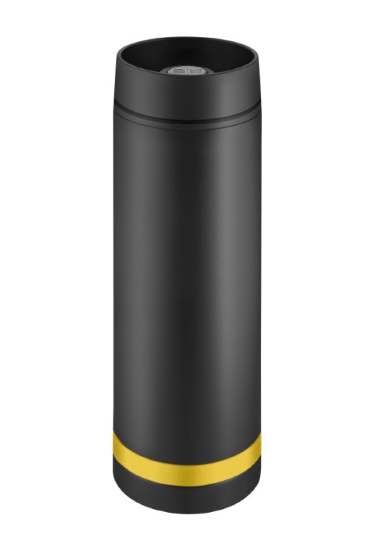 Metmaxx® Thermobecher "Crema" 360°  schwarz/Ring gelb